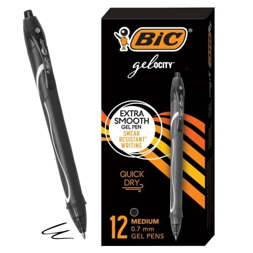 Bolígrafos de gel BIC Gel-ocity de secado rápido negros de 0,7 mm, tamaño mediano, paquete de 12