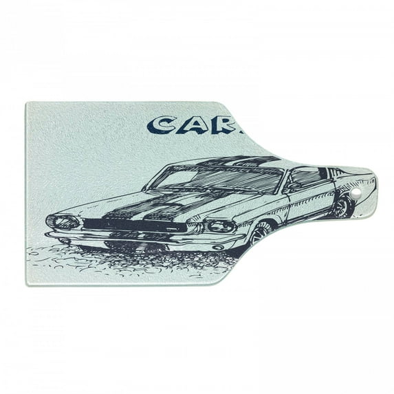 Black and White Cutting Board, Grunge Style Old Nostalgic Sports Car Theme Speed Vehicle Manly Design, Tempered Glass Cutting and Serving Board, Wine Bottle Shape, Black White, by Ambesonne