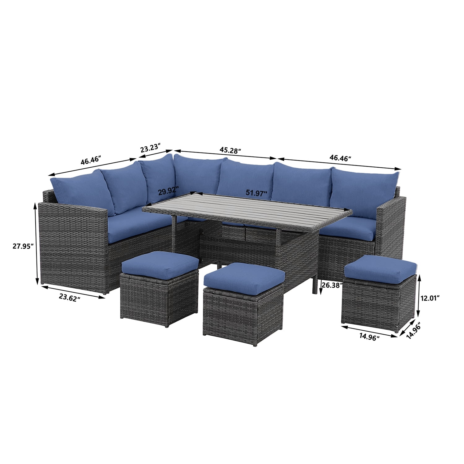 CozyHom 7 Pcs Outdoor Patio Sectional Dining Furniture Sofa Set PE Wicker Rattan Conversation Sofa Sets With Dining Table and Ottomans, Blue