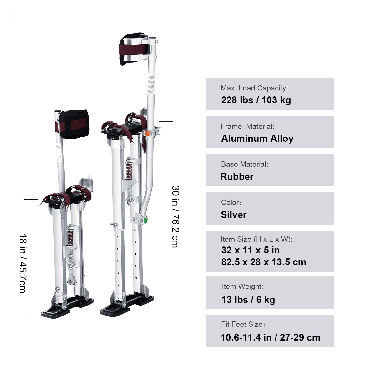 SKYSHALO Aluminum Drywall Stilts, Adjustable 18''-30'', with Safety Knee Pads, Sturdy & Anti-Slip for Painting, Sheetrock Work, Taping, Silver