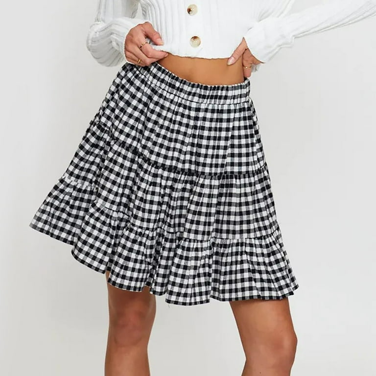 【mnem】Letem Check Layered Skirt Ploknplq Tiered A-line Skirt for Women Gingham Check Mini