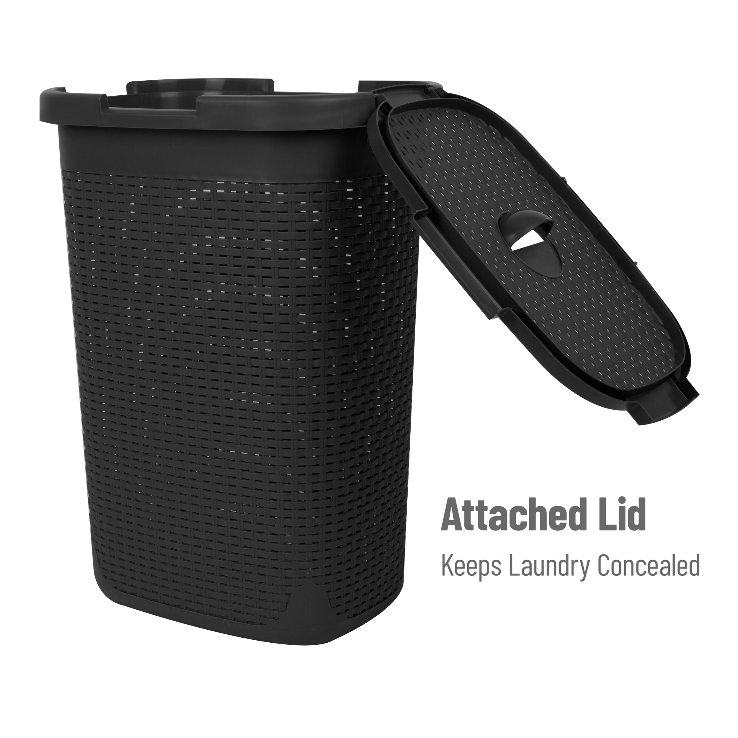 Mind Reader 60L Slim Laundry Hamper, Clothes Basket, Lid, Wicker Style, Plastic, 17.65"L x 13.75"W x 24.15"H, Set of 2, Black
