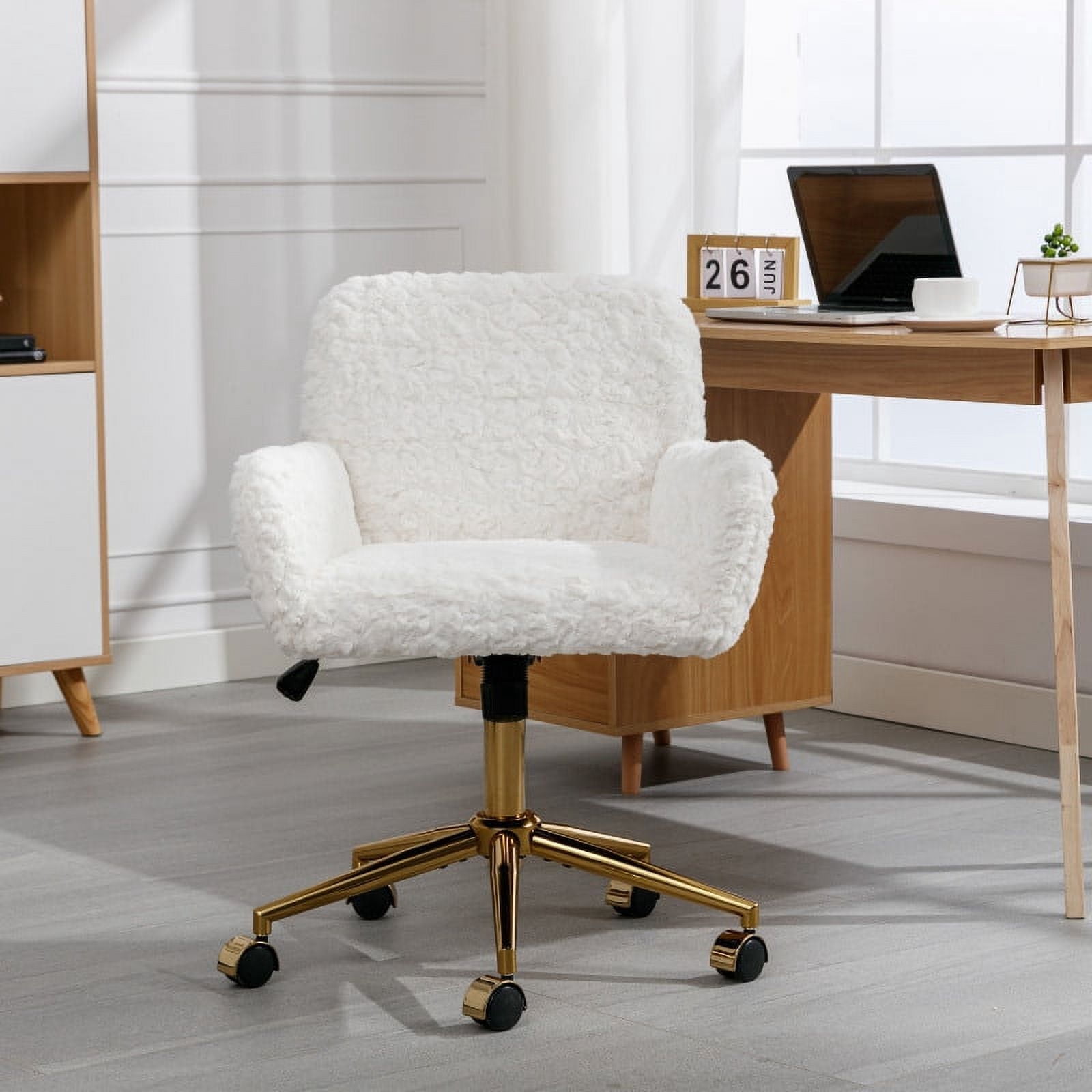 Faux Fur Office Chair for Women & Teens, Adjustable Swivel Desk Chair with Metal Base & Colorful Wheels, 22.5"W x 21.5"D, Ivory Vanity Chair/Be