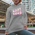 thumbnail image 2 of Lady Boss, Retro Groovy Wavy Text Art Merch Gift, Heather Grey Hooded Sweatshirt or Hoodie, Small, 2 of 5