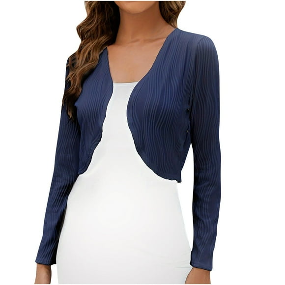 Lenpel Cardigan Court pour Femme à Manches Longues, Ouvert à l'Avant, Boléro Texturé, Shrug Léger, Cardigan Décontracté (Marine, Petit)