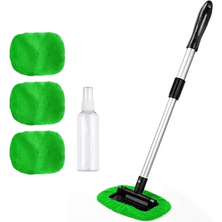 AstroAI Windshield Cleaner, Microfiber car Window Cleaner with 4 Reusable and Washable Microfiber Pads and Extendable Handle Auto Inside Glass Wiper Kit, Green