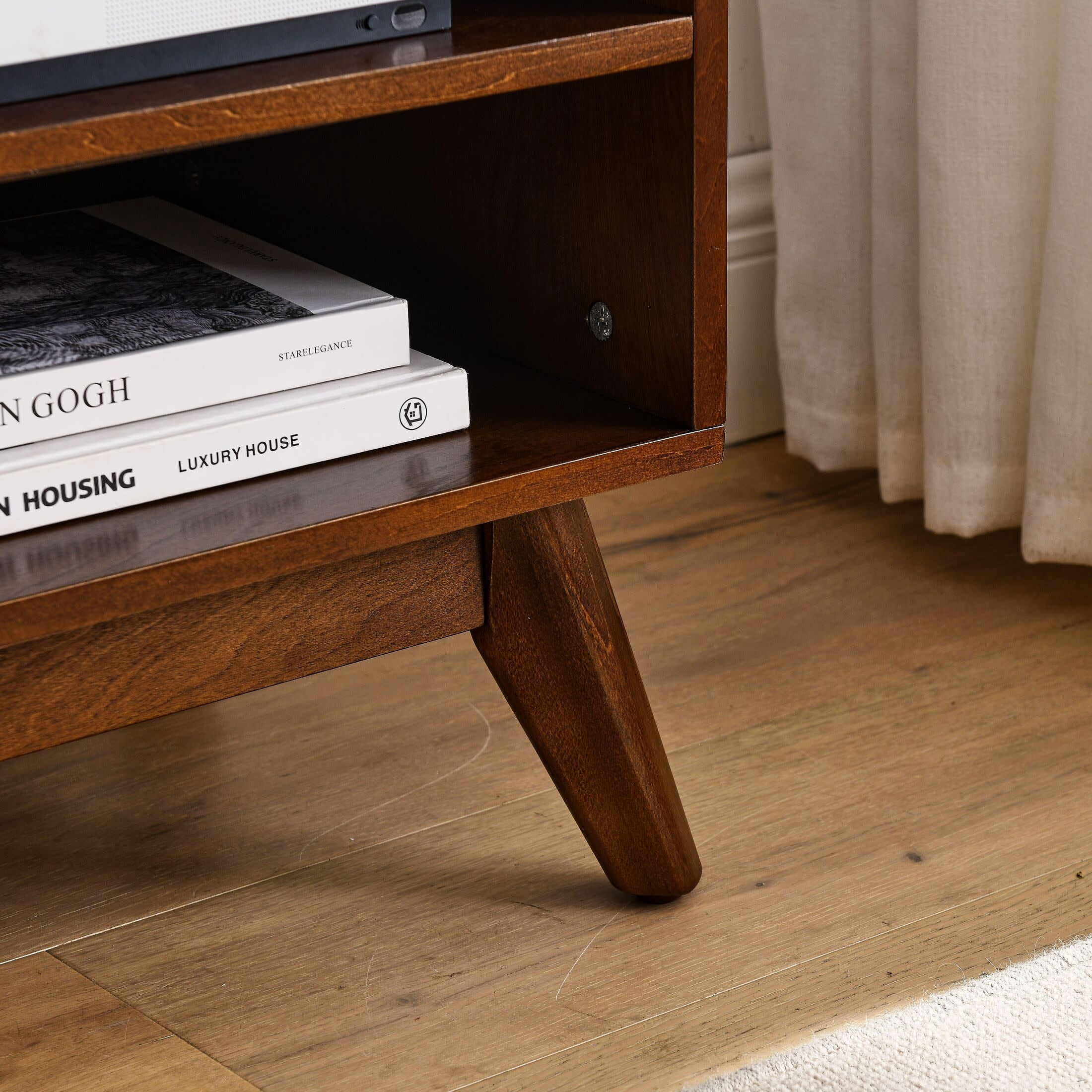 Noble House 59" Mid-Century Rattan TV Stand, Entertainment Cabinet with Sliding Doors, for Living Room, Walnut