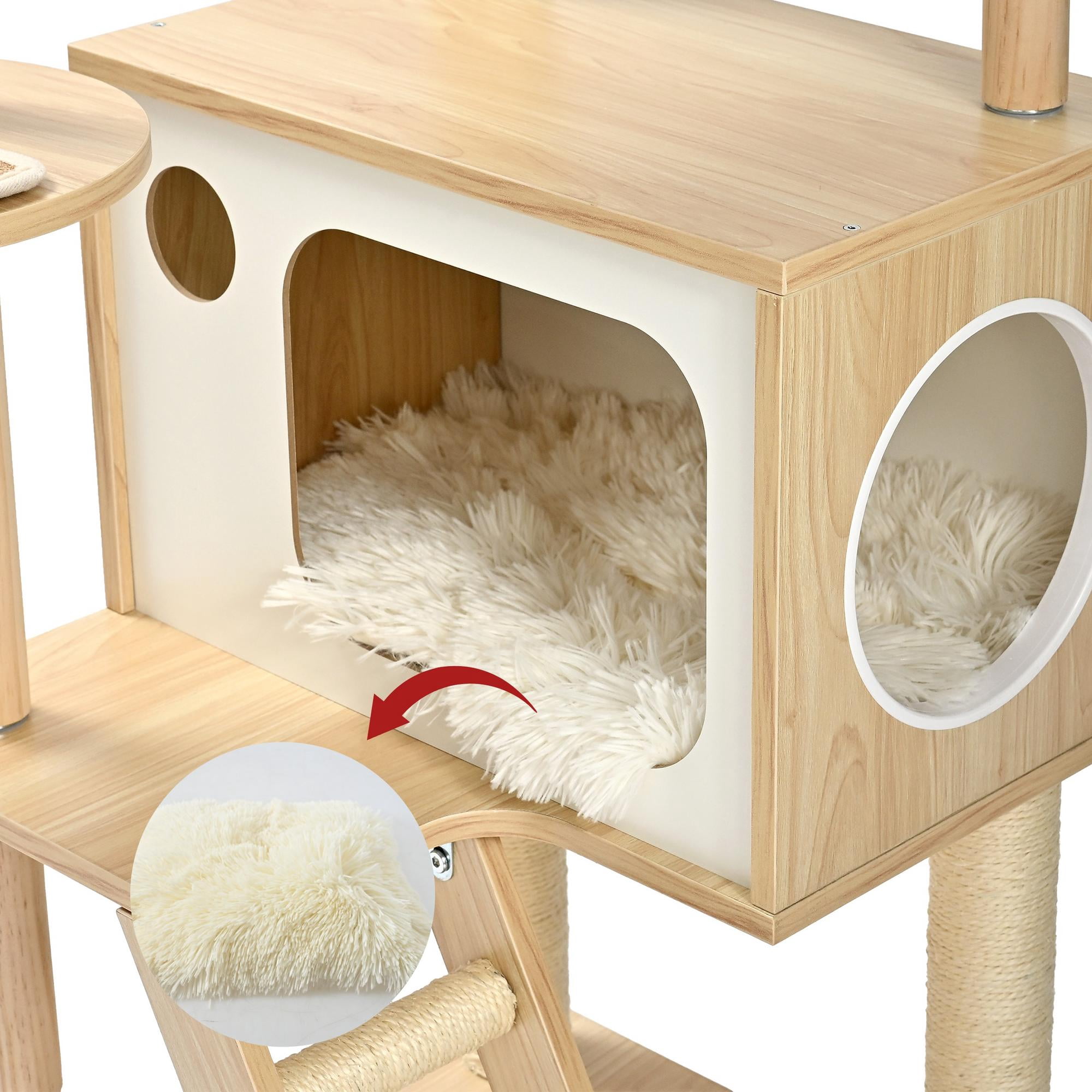 Vibrant Life 7-Level 69" Natural Wood Cat Tree with Condo, Ladder, and Acrylic Hammock, Beige