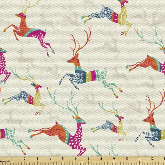 Colorful Upholstery Fabric by the Yard, Deer Silhouettes Ornamented Vintage Motifs and Shapes on Background, Decorative Fabric for DIY and Home Accents, Eggshell and Multicolor by Ambesonne