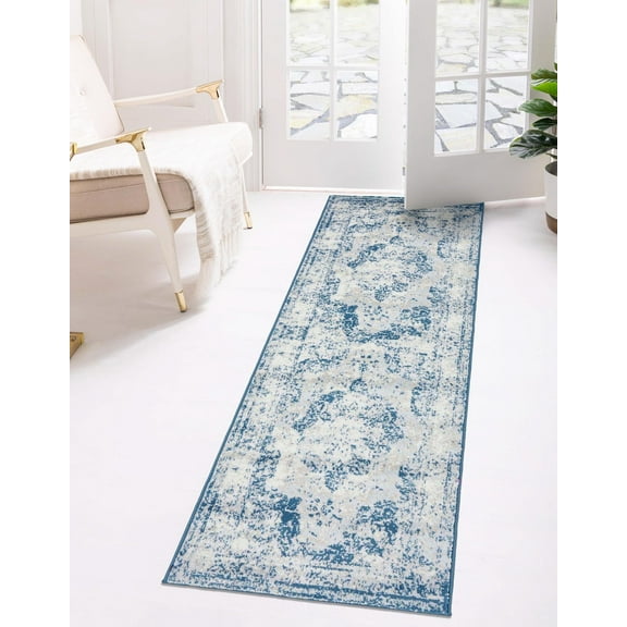 Rugs.com Monte Carlo Collection Rug – 3' 3 x 16' 5 Runner Blue Medium Rug Perfect For Living Rooms, Large Dining Rooms, Open Floorplans
