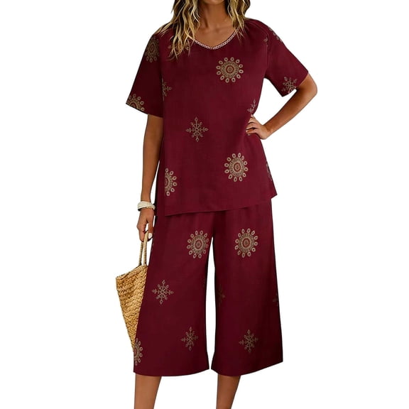 Stamozd Beach Vacation Matching Sets Women Clothing Summer V Neck Short Sleeve Boho Tops and Capri Pants Casual Cotton Travel Outfits for Women Wine XL