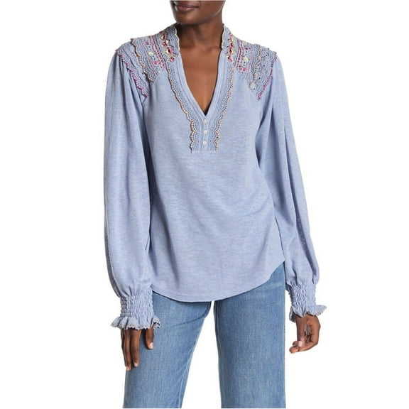 Free People Womens Siesta Fiesta Pullover Blouse, Blue, Small