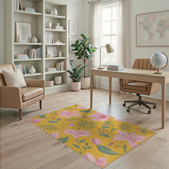 ODIKA 4'x6' Yellow Pink Golden Floral Bliss Washable Area Rug Botanical Elegance with Vintage Charm for Home Office, Under Desk, Non-Slip Chair-Friendly, Flatwoven