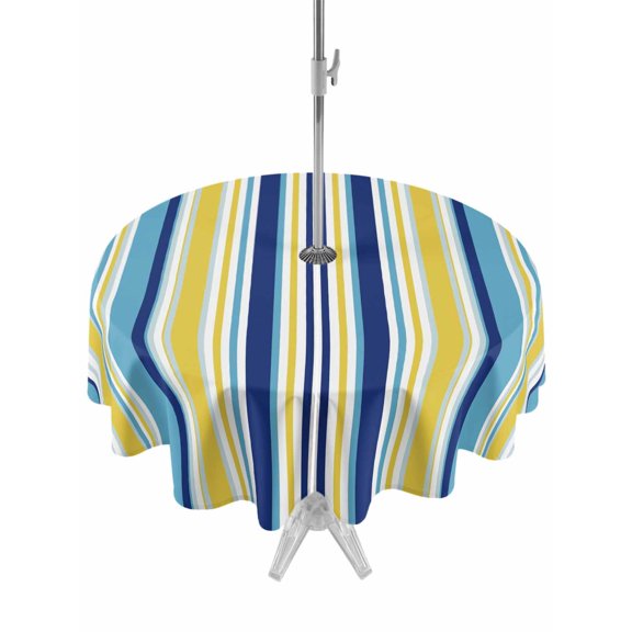 Outdoor Tablecloth with Umbrella Hole and Zipper, Blue Yellow Striped Round Table Cloth 54 Inch Waterproof Tablecloth, Colorful Ombre Abstract Stripes Picnic Table Cover for Patio Camping