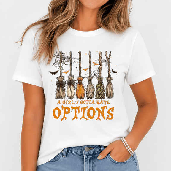 Retro Halloween Witches Broom Graphic Print Top Classic Crewneck T Shirt