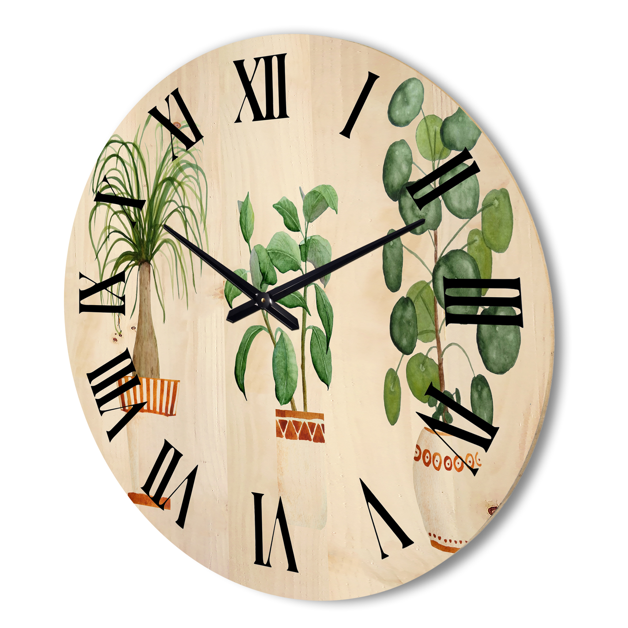 Designart 'Trio of House Plants Ficus Ponytail and Palm' Traditional Wood Wall Clock