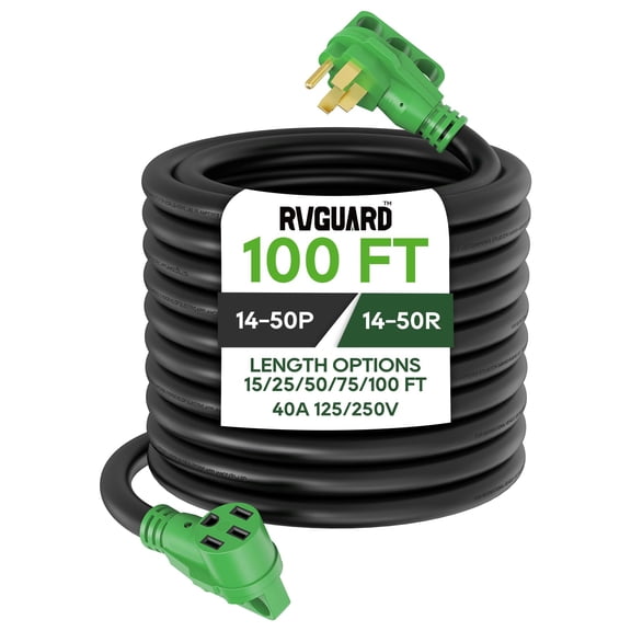 RVGUARD 40 Amp 100 Foot RV/EV Extension Cord, NEMA 14-50P/R Heavy Duty Extension Cord with LED Power Indicator and Cord Organizer, Green, ETL Listed