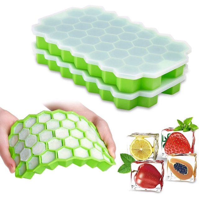 Bandejas para cubitos de hielo con tapas, paquete de 2 74 cubitos de hielo, gel de sílice flexible y sin BPA con tapa extraíble Bandejas para cubitos de hielo para bebidas frías