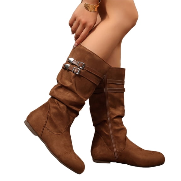 Willtoo Womens Mid Calf Boots Round Toe Buckle Decor Side Zipper Tall Boots Fall Winter Flat Casual Non Slip Booties