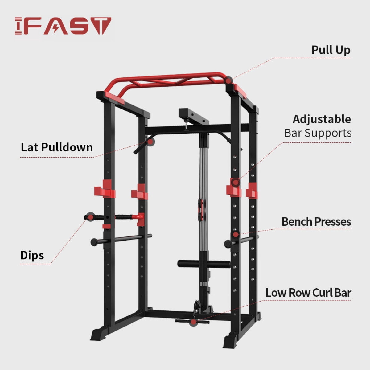 LuckyNote Multi-functional Power Cage 1000Lbs Capacity, Home Squat Rack with Pullup Bar, 200Lbs Bumper Plates & 7FT Olympic Bar, Black+Red