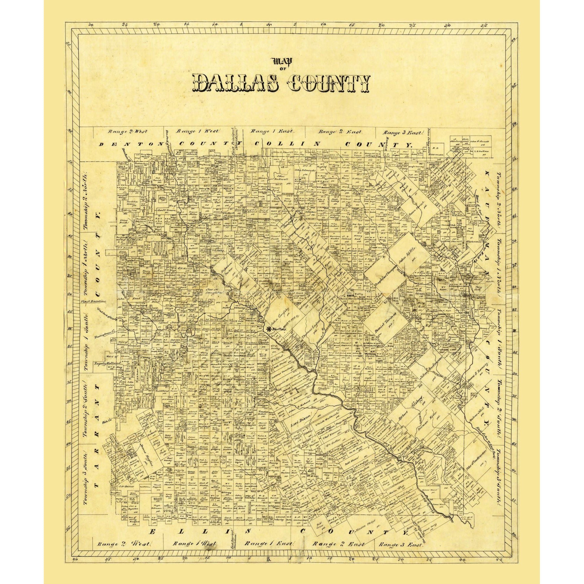 Historic County Map - Dallas County Texas - General Land Office - Vintage Wall Art