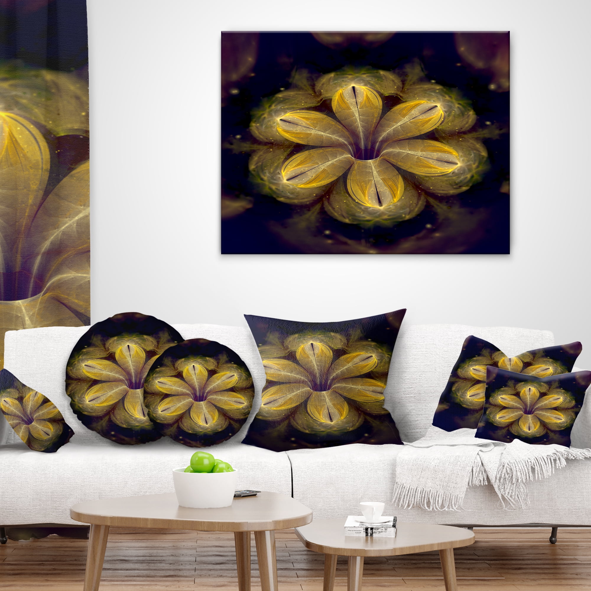 Designart Black Yellow Fractal Flower Pattern - Contemporary Throw Pillow - 16x16