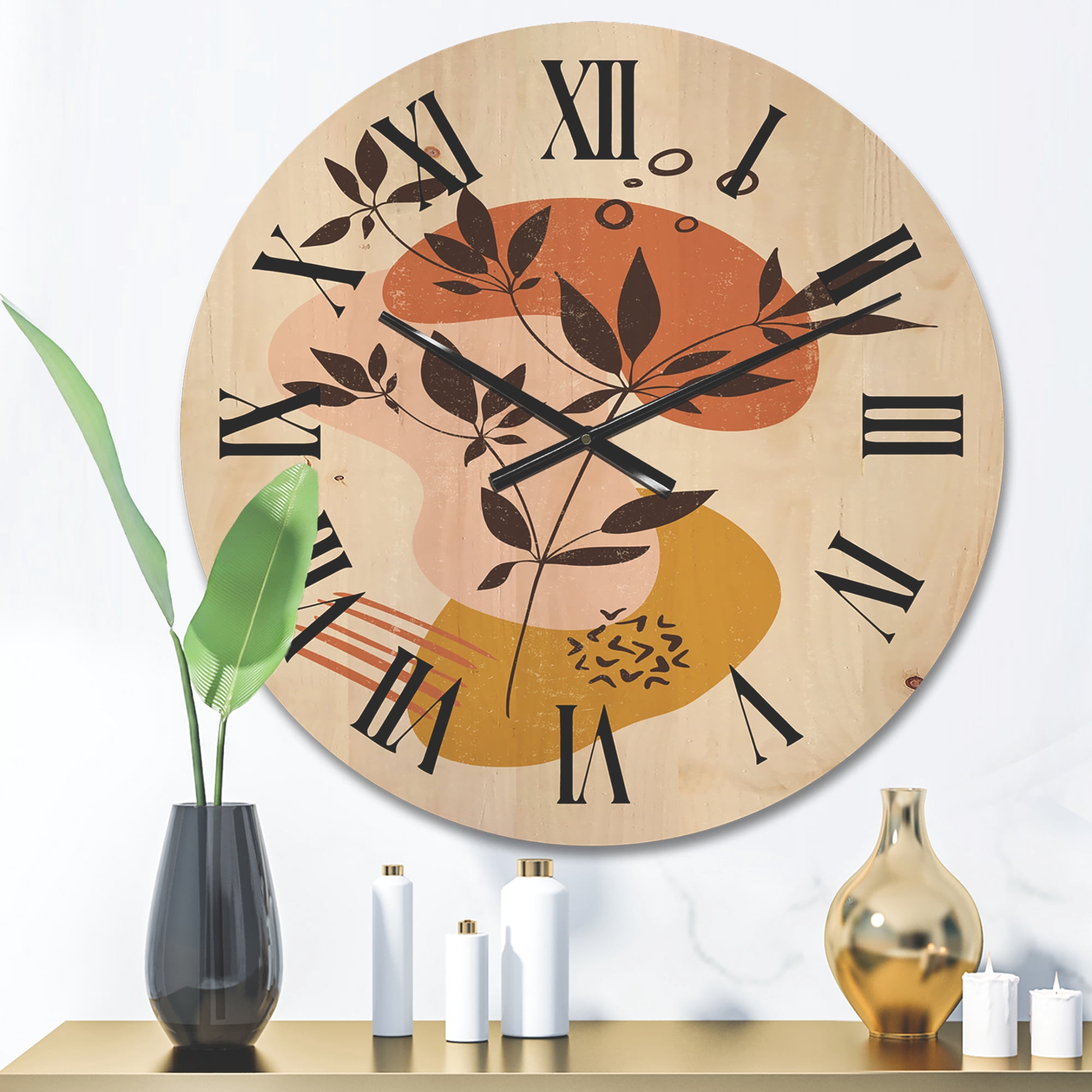 Designart 'Minimalist Shapes With Ancient Plant II' Modern Wood Wall Clock