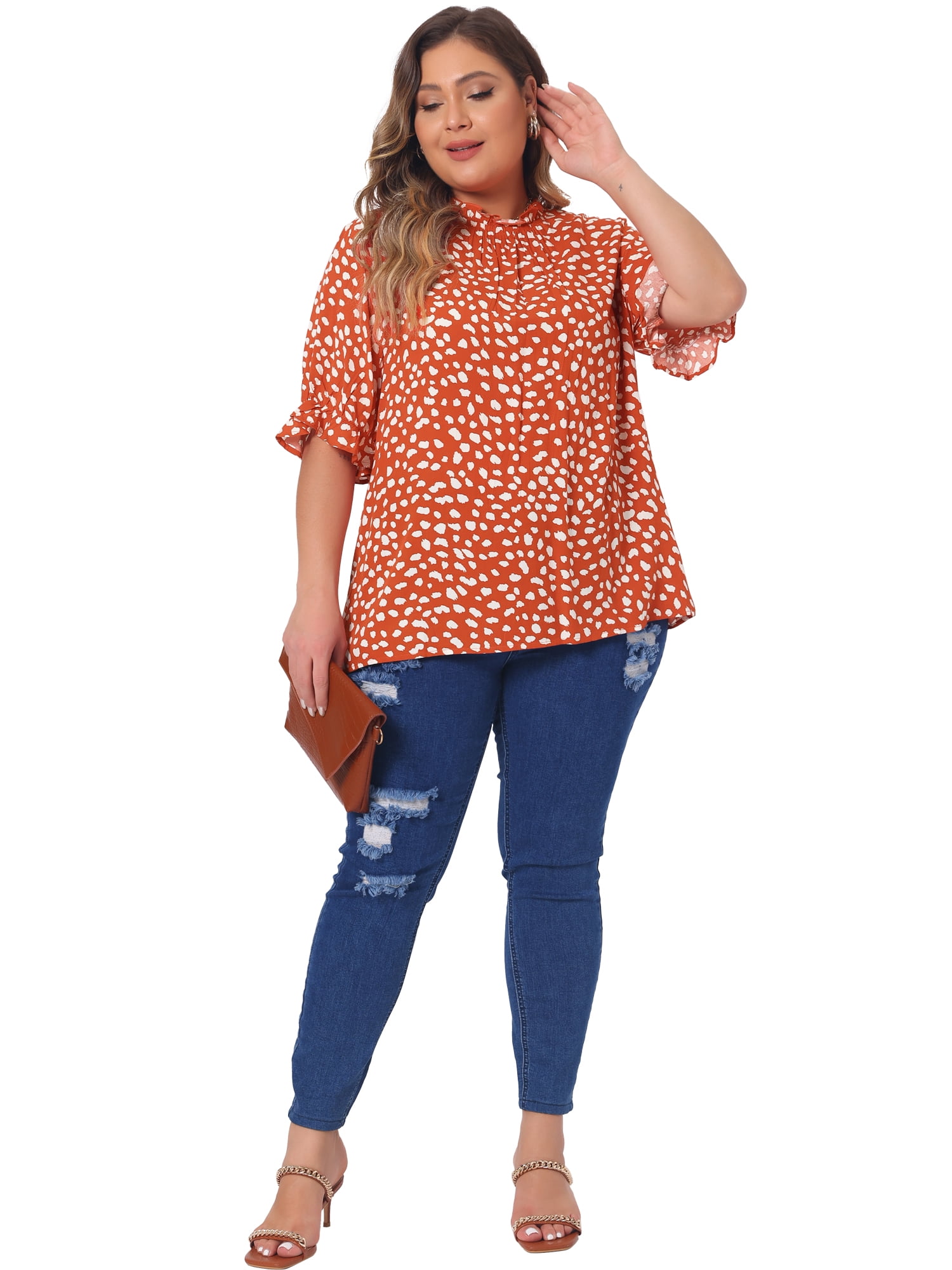 DARING DIVA Women's Plus Polka Dots Print Ruffle Hem Mock Neck Blouse 2X Orange