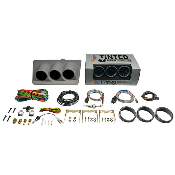 GlowShift | 1999-2004 Ford Super Duty 6.0 & 7.3 Powerstroke Gray Triple Under Dash Pod with Tinted 7 Color Series 60 PSI Boost Gauge, 1500 Pyrometer EGT Gauge & Trans Temp Gauge