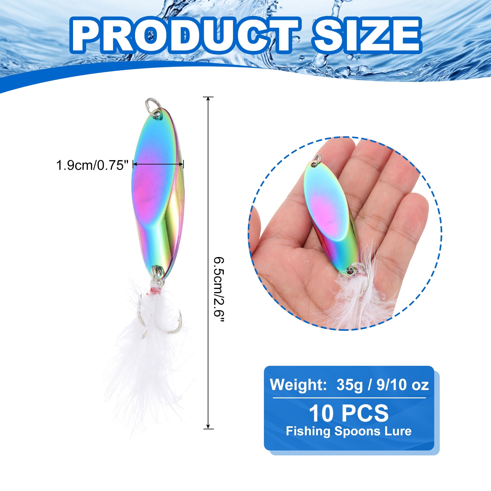Uxcell Fishing Spoons, 10 Pcs 9/10 oz Fishing Lures Casting Spoon Treble Hooks Jigs Hard Metal Spinner Baits for Freshwater Saltwater Salmon, Multicolor