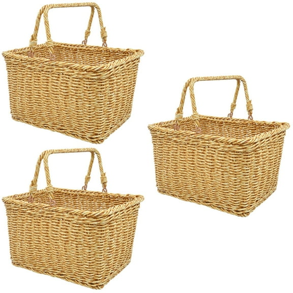 Set of 3 Portable Shopping Basket Fruit Kitchen Cart Flower Girl Storage Khaki