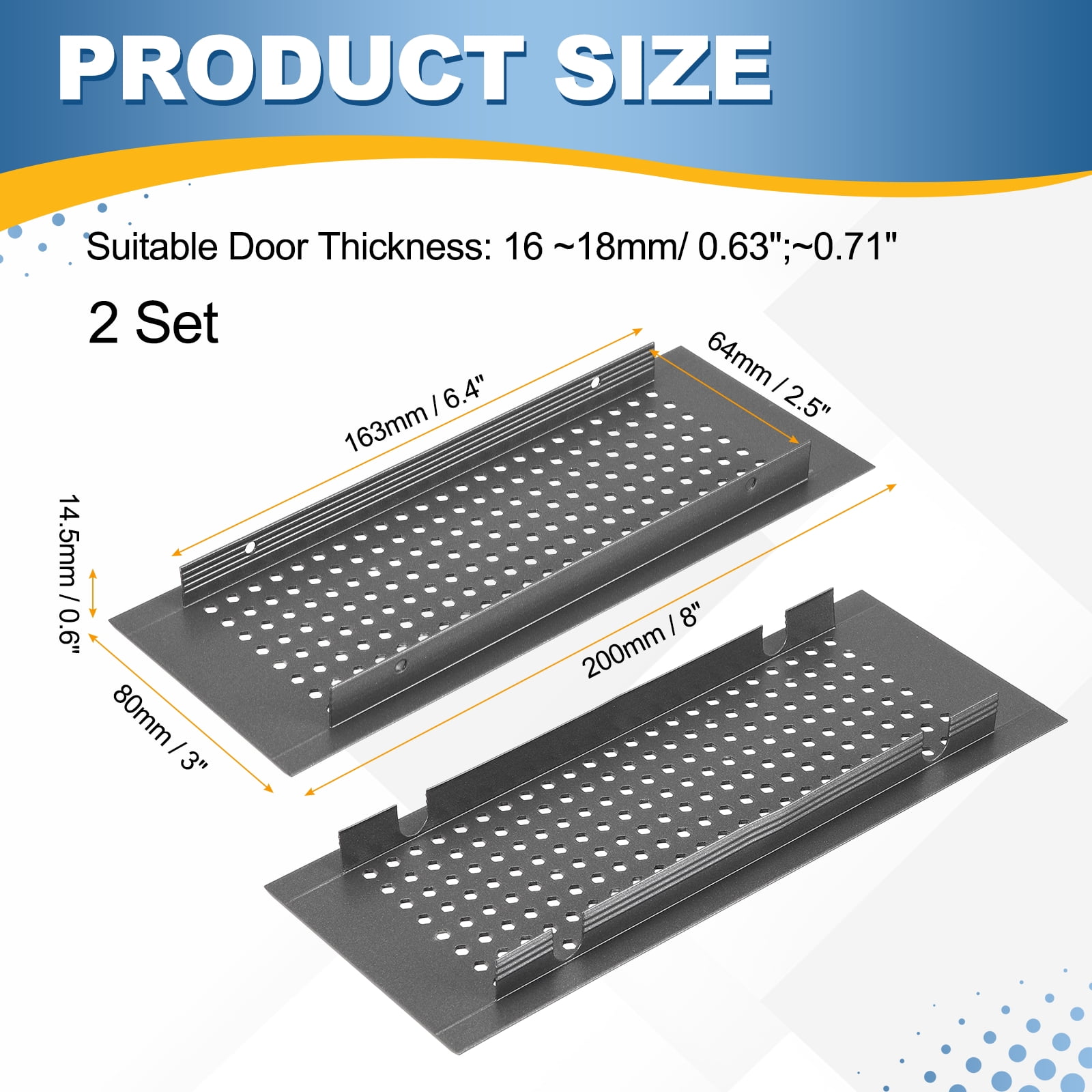 Uxcell 2PCS Door Air Vent Cover,8 x 3 Inch (L x W) Cabinet Vent Two Sided Door Grille Heavy Duty Rust-Proof for Floor Cabinet Bathroom Kitchen, Grey (Openings 6.4 x 2.5 Inch)