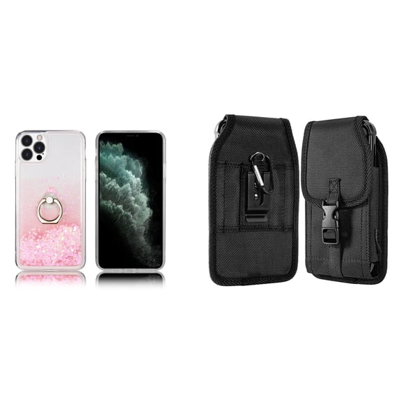 Waterfall Liquid Glitter Stand Case and Belt Holster Pouch for iPhone 14 Pro Max - Pink