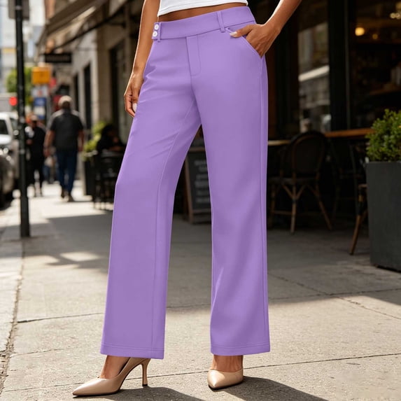 Women's Straight Leg Dress Pants, Button Zip Front, Back Elastic, Side Pockets, Relaxed Fit