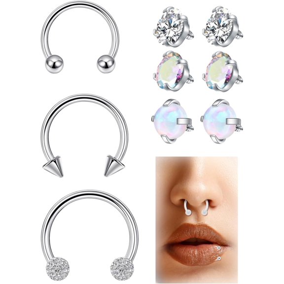 16G 18G G23 Titanium Septum Nose Rings for Women Men Horseshoe Nose Ring for   Internally Threaded Opal Ball Spike CZ Helix Daith Cartilage Tragus Hoop Earrings Lip
