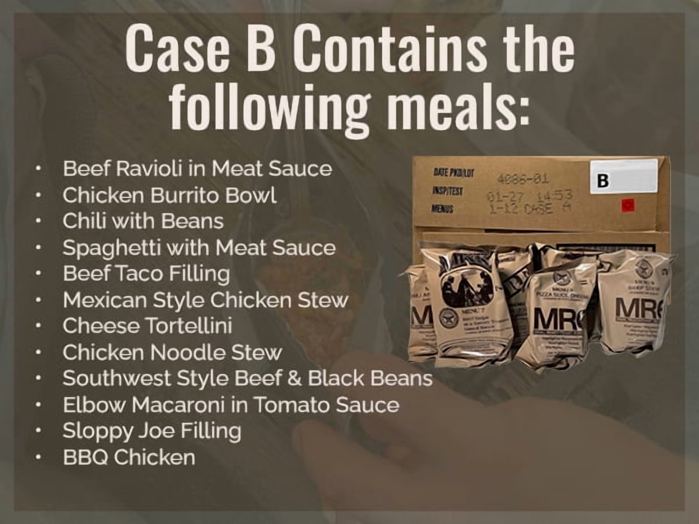 AMMO CAN MAN Meals Ready to Eat,2026 Inspection Date or Better, Emergency Food Supply, Survival Camping Outdoor Meals 12 Pack (B Case, 1, Count)