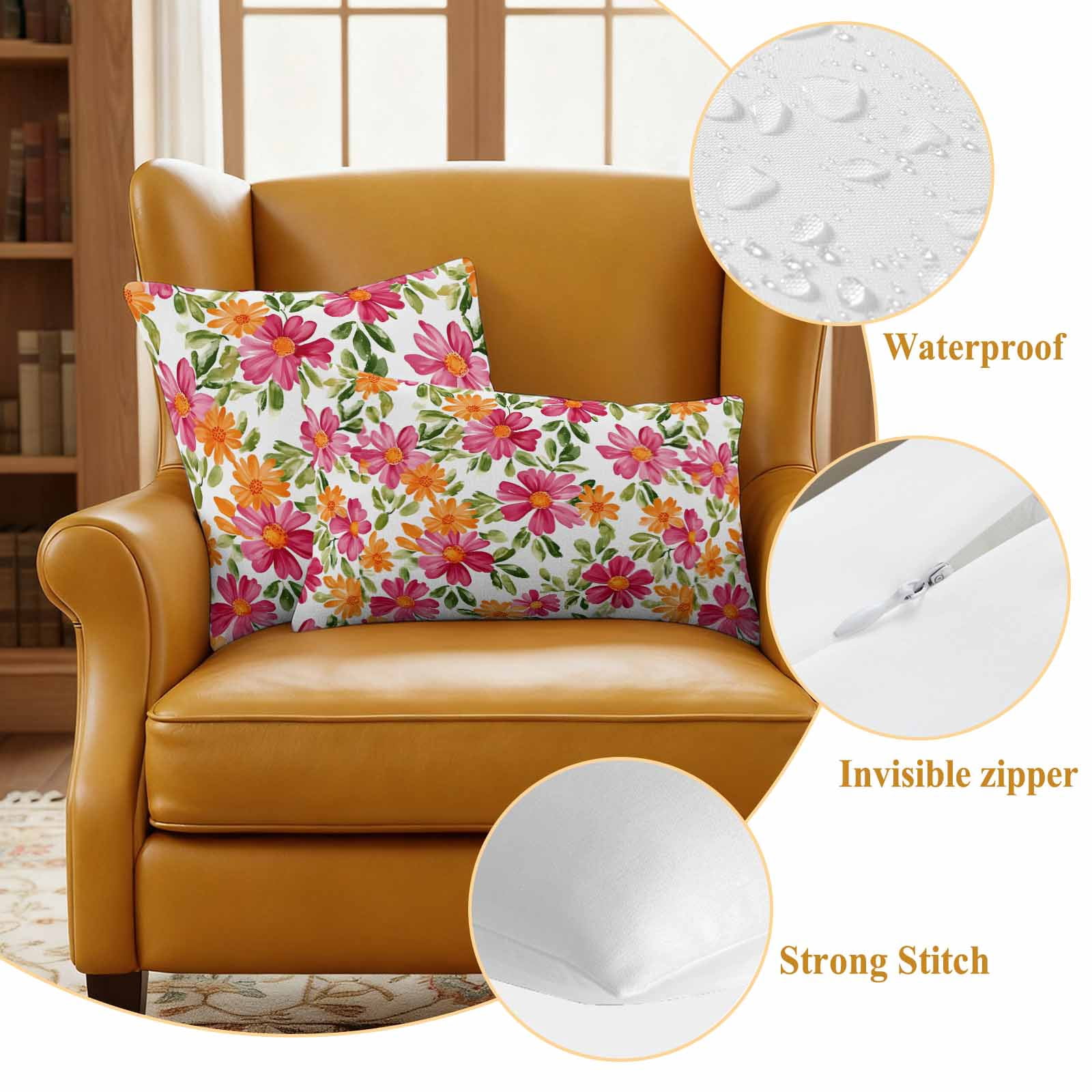 Pack of 2 Outdoor Pillow Covers 26x26 Inch Waterproof Pink Orange Floral Throw Pillow Covers,Decorative Couch Pillow Shams Protectors Spring Blossom Botanical Flowers Patio Pillowcases Cushion Covers