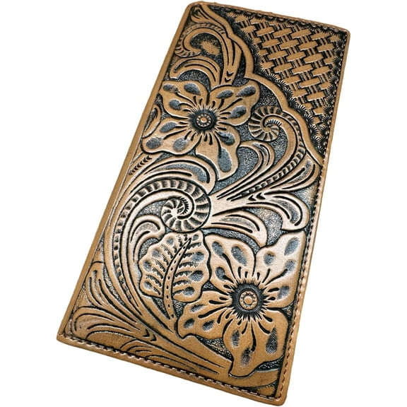 Western Stakes Leather Long Wallet Floral Embossed Bi Fold Tooled Soft Leather Checkbook Style Cowboy Hand Crafted High End Mens Wallets Leather Gifts For Men (Tan)