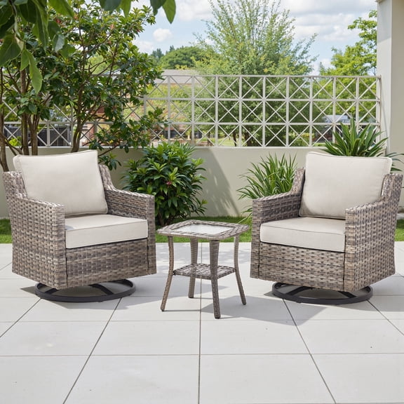 Gymojoy 3 Pieces Patio Furniture Set High Back Swivel Rocker Wicker Patio Rocking Chairs Set of 2 with Side Table Beige Cushions