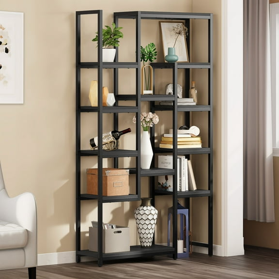 Dextrus 6-Tier Bookshelf, Tall Black Metal & Wood Bookcase with 12 Shelves, Freestanding Storage for Home & Office