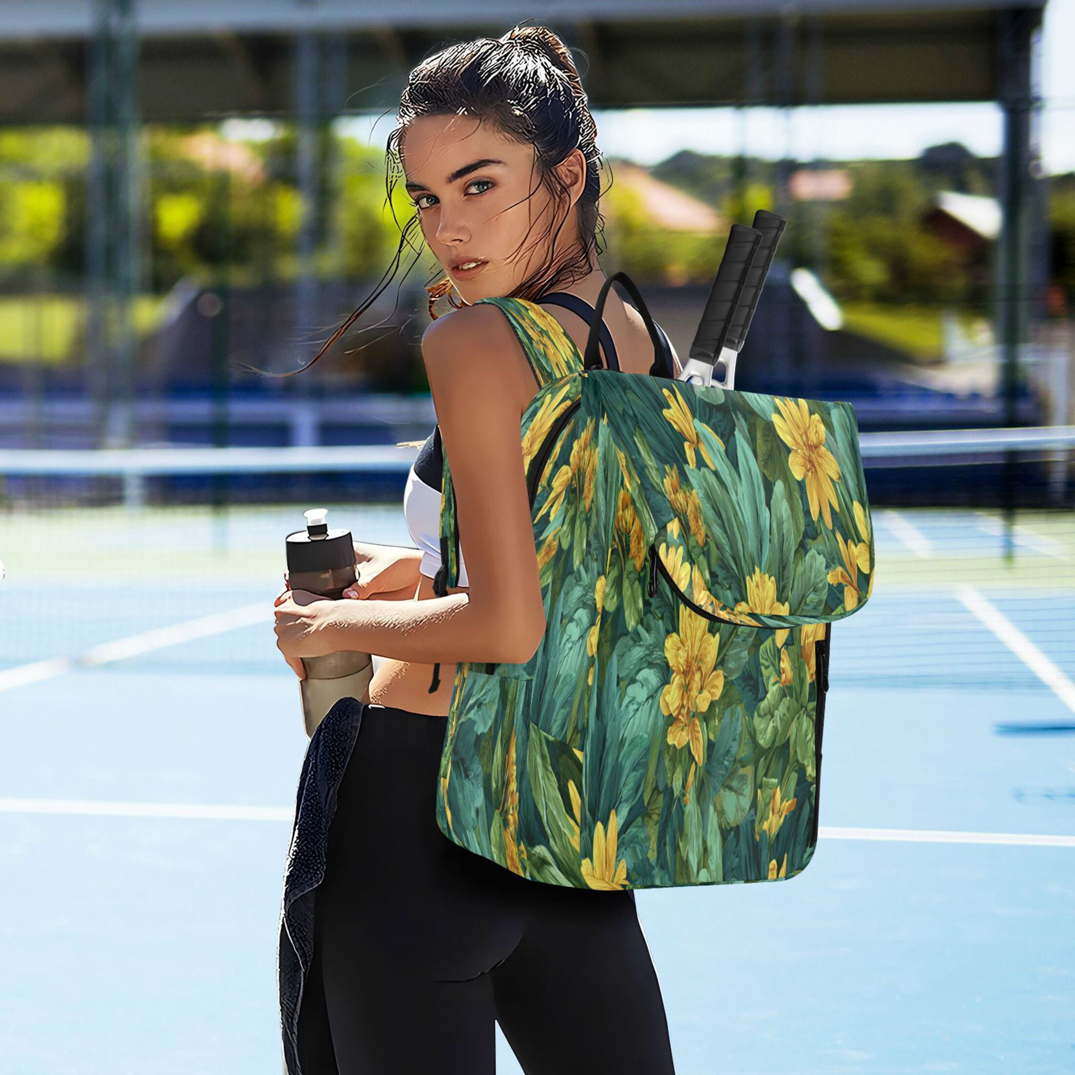 2 Racquet Holder Tennis Backpack Tennis Racket Covers Gym Bags Yellow Chrysanthemum