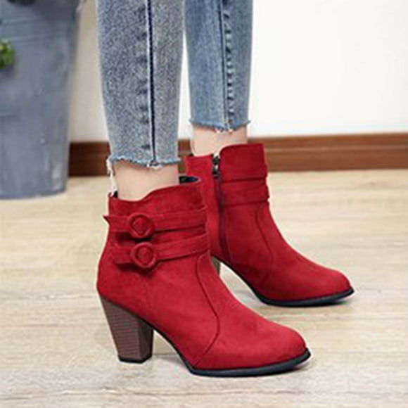 Fankiway Women's Frosted Middle Heel Boots for Women - Belt Buckle Thick Heel Casual Fashion Short Boots Red