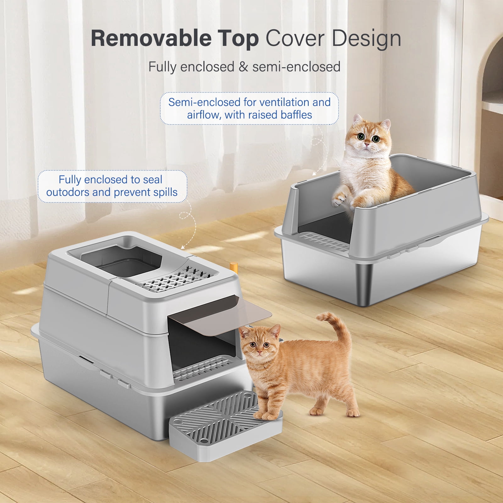 Aphyxen Stainless Steel Enclosed Cat Litter Box, Extra Large Top Entry with 110° Flip Cover & Pedal, Anti-Leakage, Grey
