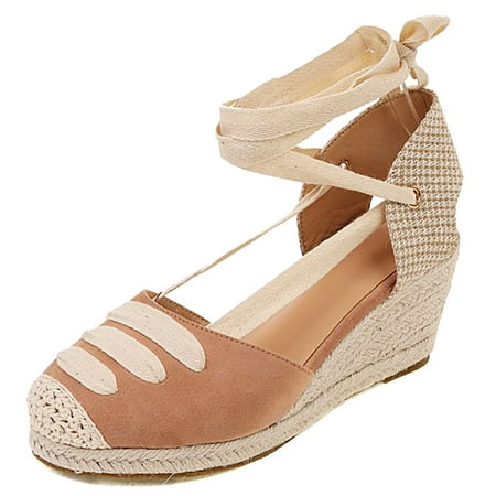 

Juebong Womens Espadrille Wedge Sandals with Knotty Bow Sandals Closed Toe Criss Cross High-Heeled Sandals Pink 9