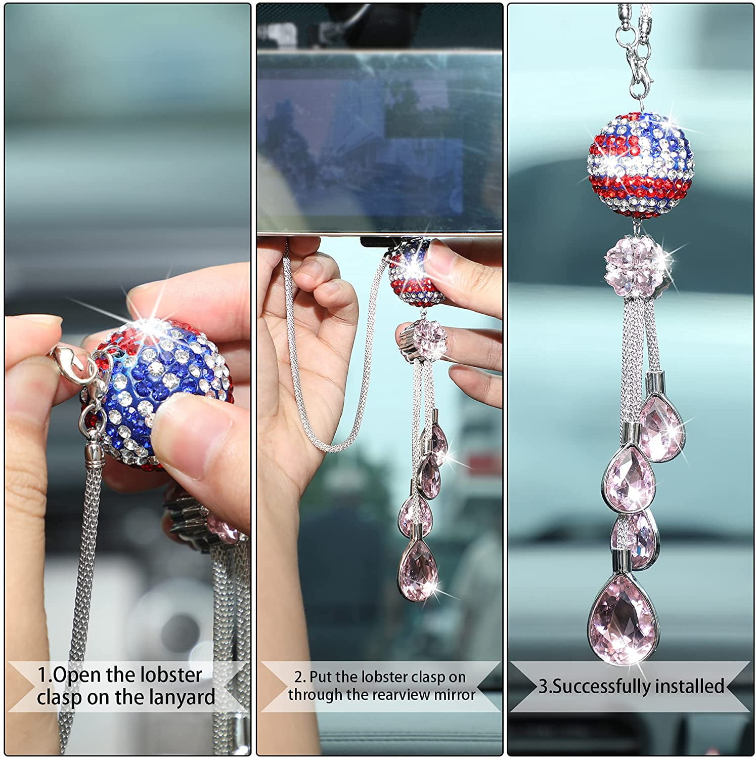 NOVWANG Bling Car View Mirror Hanging Accessories for Women Independence Day Car Decor Patriotic American Flag Crystall Charms Rhinestone Pendant 