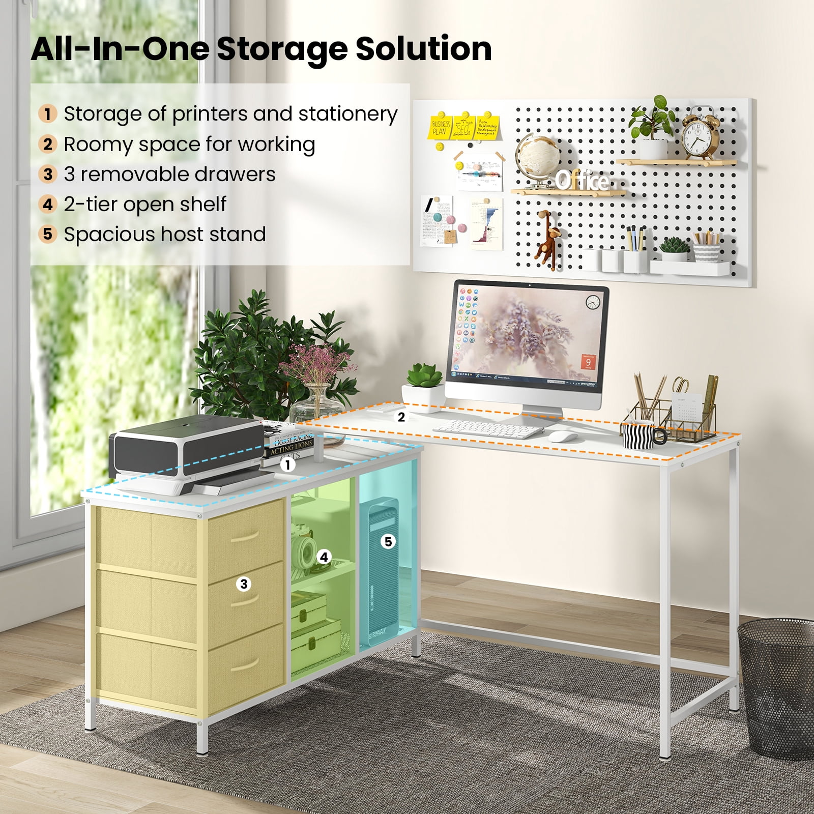 Topbuy L-Shaped Computer Desk with Drawers & Shelves 81” Convertible Home Office Desk with Charging Station White