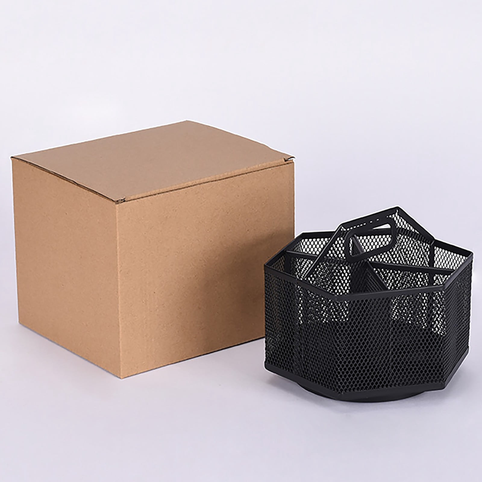 Pencil Holder with Handle, Rotating Desk Organizer, Mesh Desk Organizer Rotate with 6 Compartments – Metal Pen Organizer, Office Desk Accessories, 1 Pcs, 7.09x5.51"(Black)