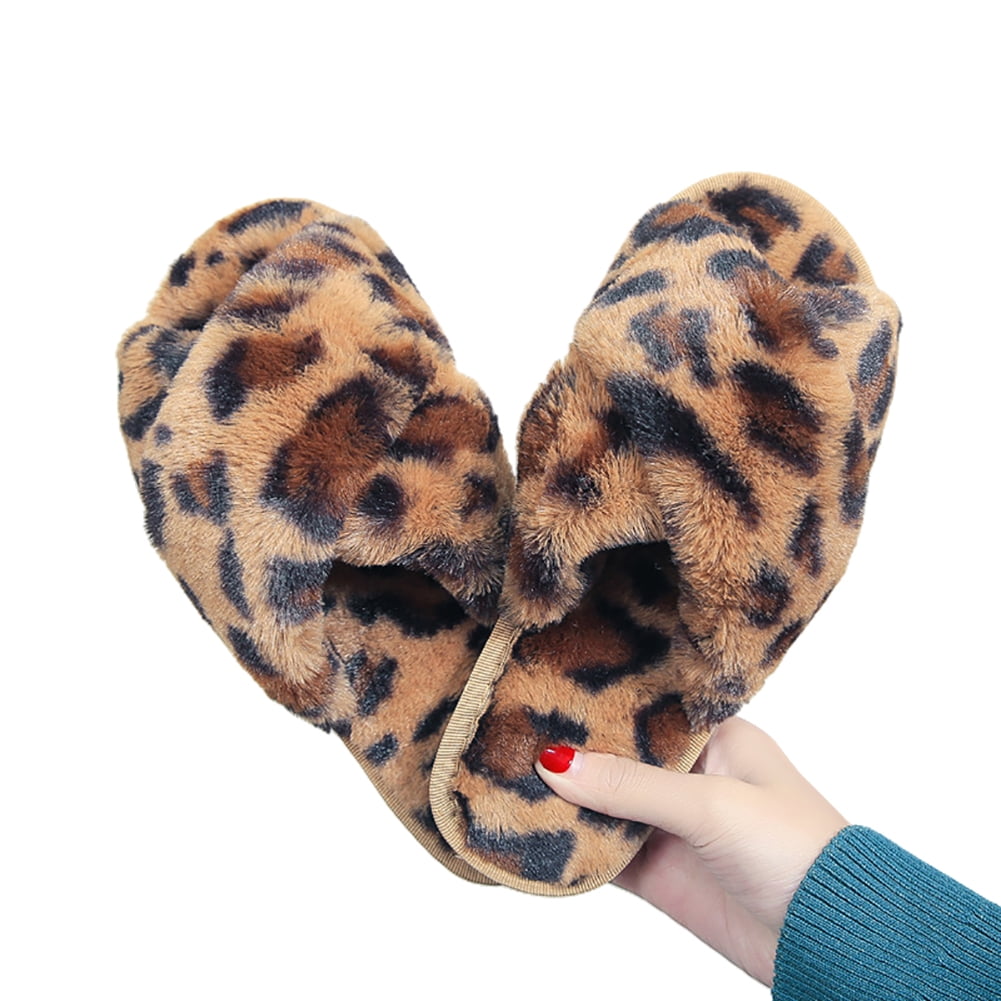 Gahrchian Cross Open Toe Fuzzy Fluffy Slippers for Women Girls Warm Leopard Plush Soft Indoors Floor Bedroom Shoes 