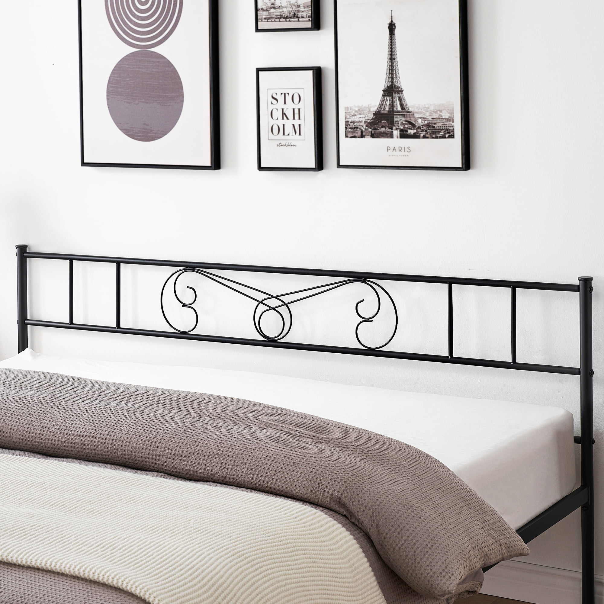 Senfot King Size Metal Platform Bed Frame - Minimalist Curved Iron Design, Heavy Duty Steel Slats, No Box Spring Needed, Black