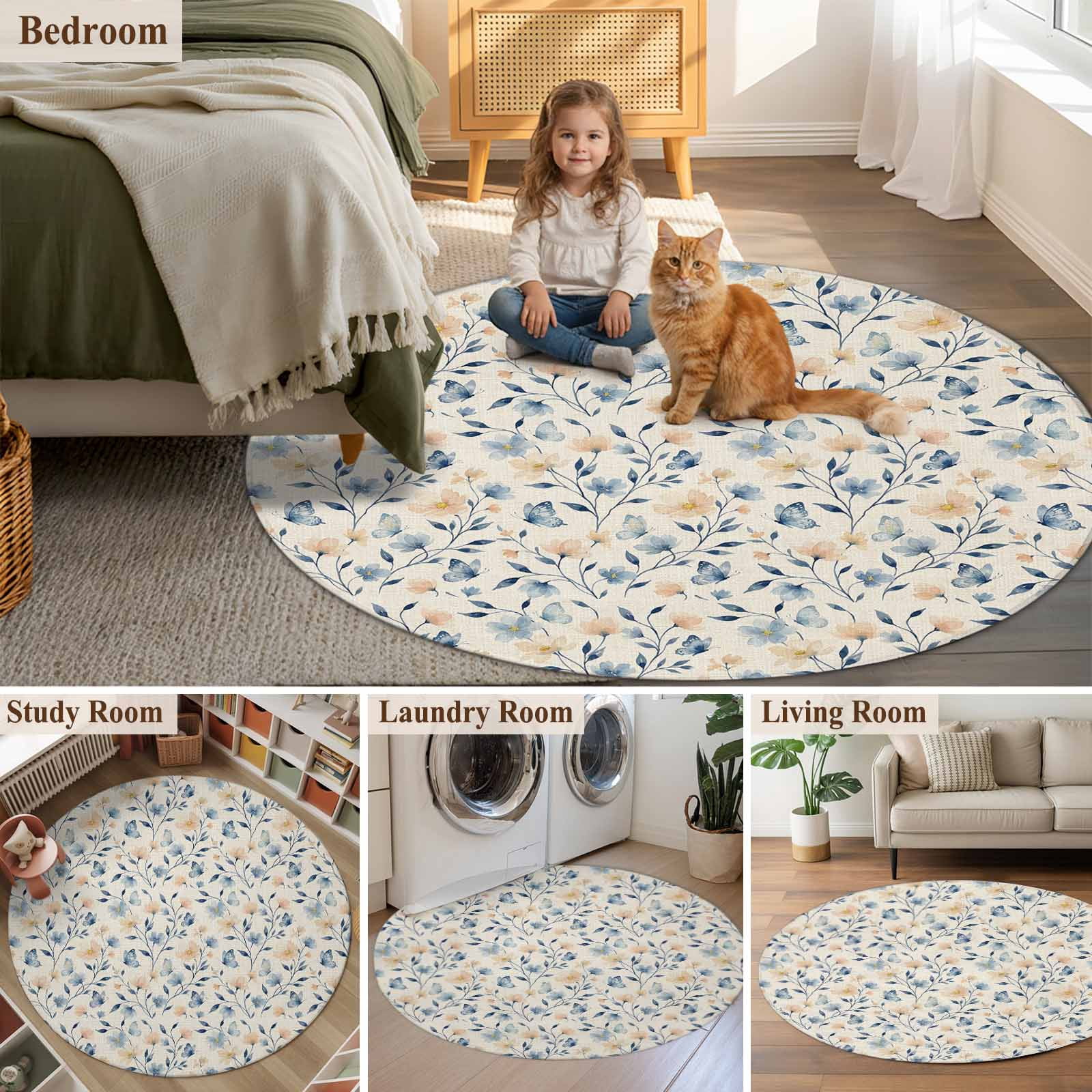 Round Area Rugs Collection 3 Ft, Blue Pink Flowers Non-Slip Residential Carpet, Spring Floral Elegant Pastoral Rustic Indoor Crawling Mats Doormat Runner Rugs Play Mat forBedroom